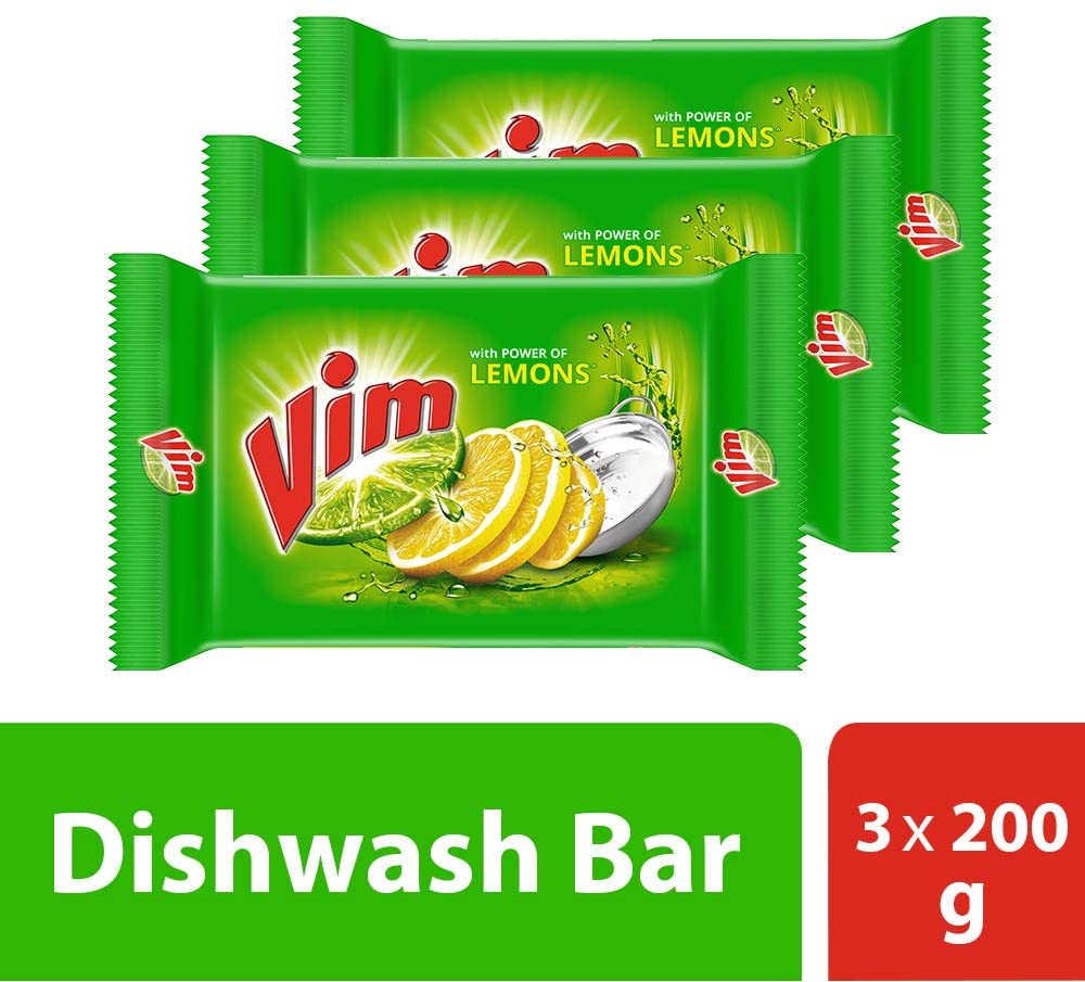 Vim Dishwash Bar Lemon, Removes Stain And Grease With Power Of Lemon, 200 g (Pack of 3)