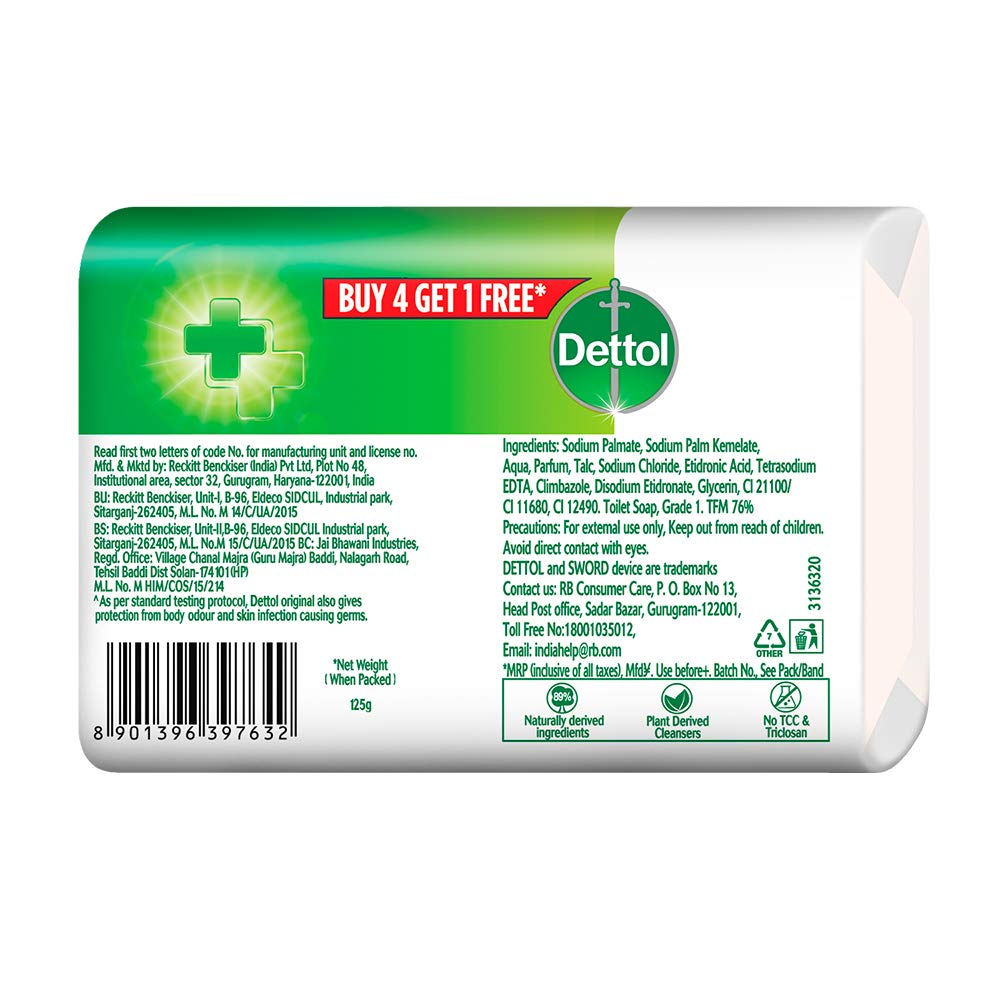 Dettol Original Germ Protection Bathing Soap bar, 125 gm, Buy 4 Get 1 Free