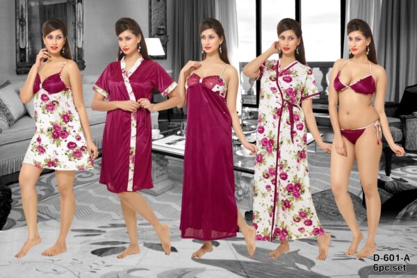 Vastraas 6 pcs night wear dress in wine colour with flower printed-satin