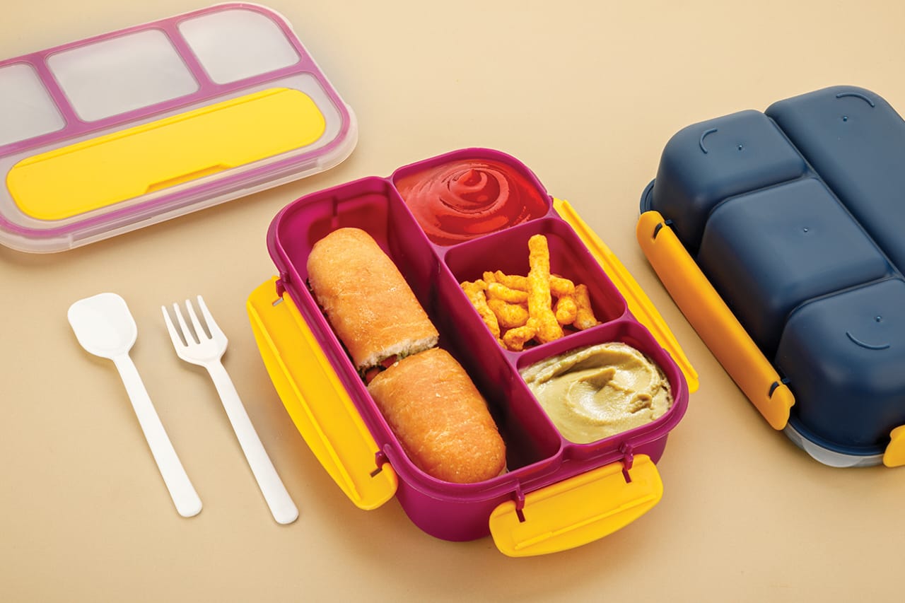 KINON Lunch Box for Adults/Kids 4 Compartment Lunch Box with Spoon – Durable Perfect Size |Leak-Proof |Reusable|BPA Free & Freezer Safe Food Containers (Plastic)