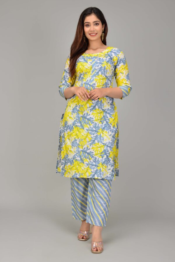 Vastraas Women Ladies Cotton 60*60 ladies kurti pant set yellow said