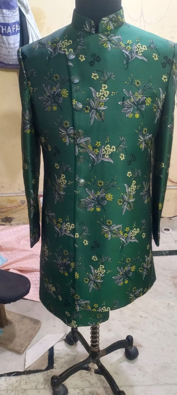 Indo Western Printed Design Green Sherwani