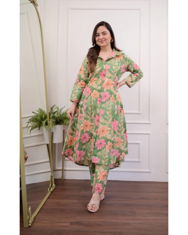Vastraas Pista Green Cotton Coord Calf-length Gown and Pant Set: Floral Printed, Button Line Work and Regular Fit || Coord set for Women and teenage girls