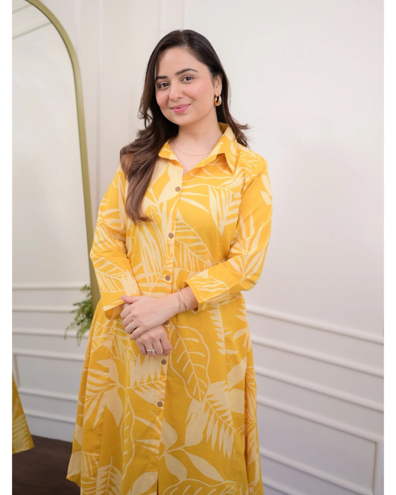 Vastraas Yellow Cotton Co-ord Kurta Pant Set: Floral Print, Collared Neck, 3/4th Sleeves for Women and Teenage Girls | Coord Set for Women and Teenage Girls