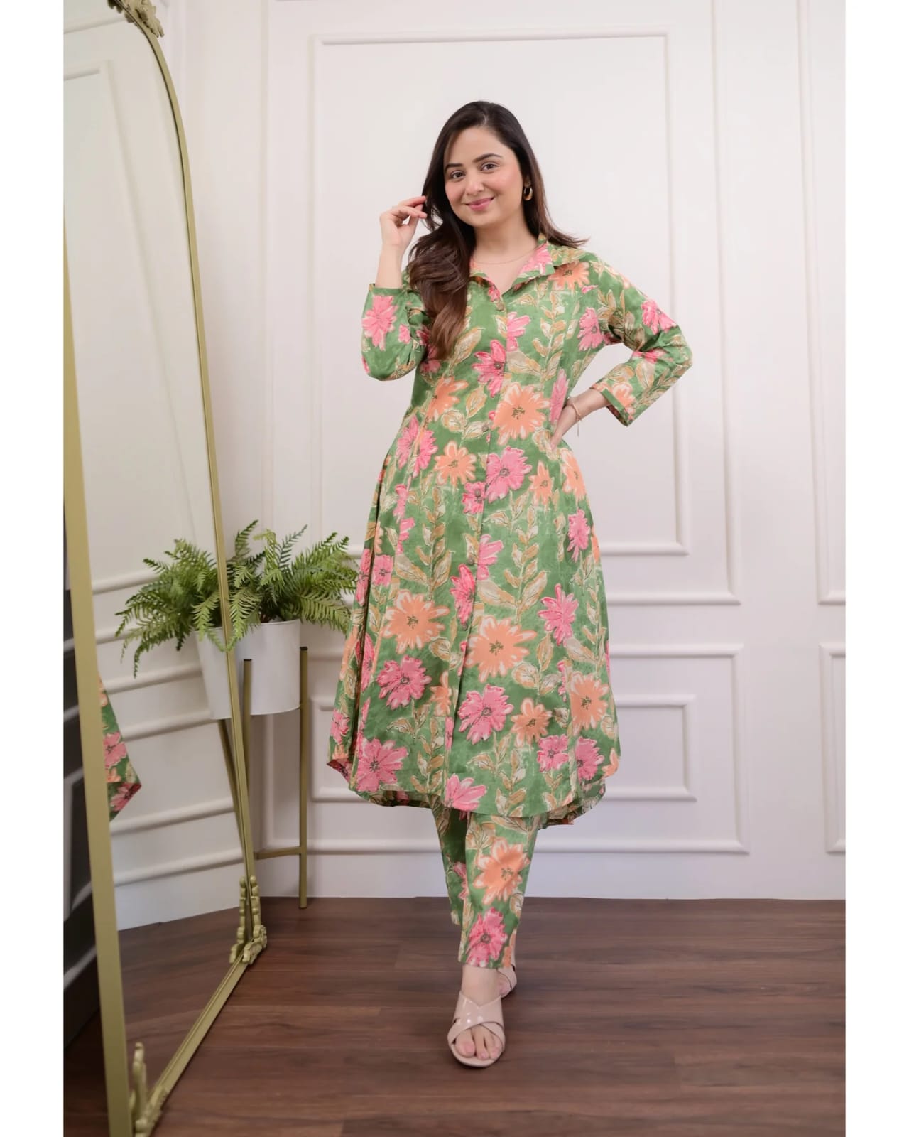 Vastraas Pista Green Cotton Coord Calf-length Gown and Pant Set: Floral Printed, Button Line Work and Regular Fit || Coord set for Women and teenage girls